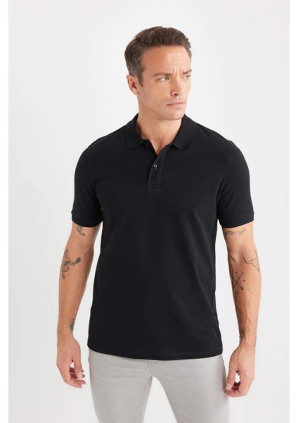 %100 Pamuk Regular Fit Polo Yaka Kısa Kollu Basic Düz Pike Kumaş Siyah Tişört C1293AX25SP