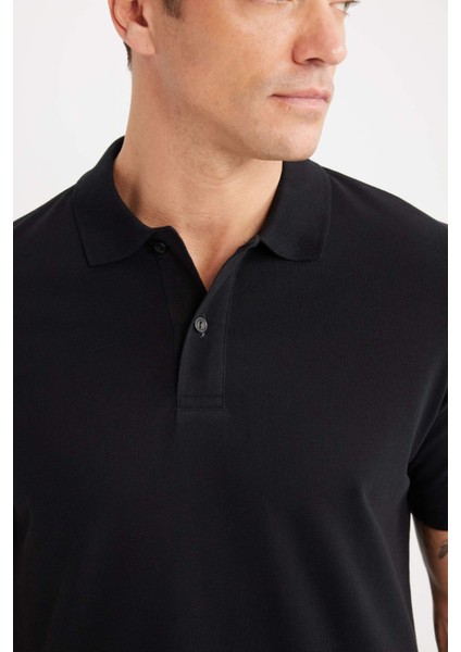 %100 Pamuk Regular Fit Polo Yaka Kısa Kollu Basic Düz Pike Kumaş Siyah Tişört C1293AX25SP