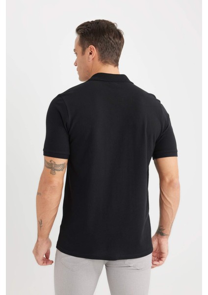 %100 Pamuk Regular Fit Polo Yaka Kısa Kollu Basic Düz Pike Kumaş Siyah Tişört C1293AX25SP