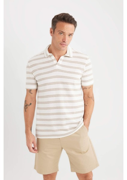 Regular Fit Polo Yaka Çizgili Kısa Kollu Triko Görünümlü Tişört D7941AX25SP