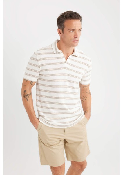 Regular Fit Polo Yaka Çizgili Kısa Kollu Triko Görünümlü Tişört D7941AX25SP