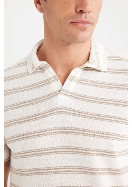 Regular Fit Polo Yaka Çizgili Kısa Kollu Triko Görünümlü Tişört D7941AX25SP