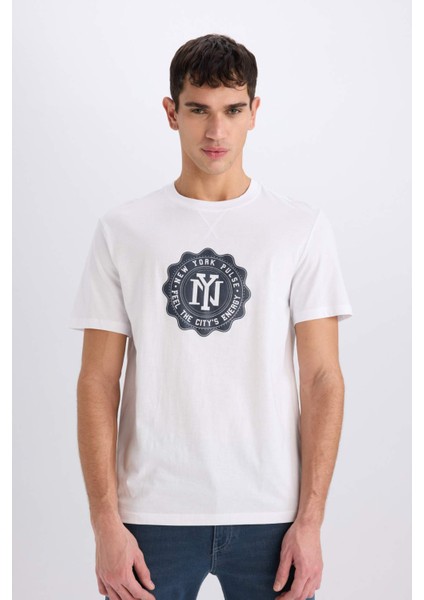 %100 Pamuk Regular Fit Bisiklet Yaka Pamuklu Baskılı Kısa Kollu Tişört D7935AX25SP