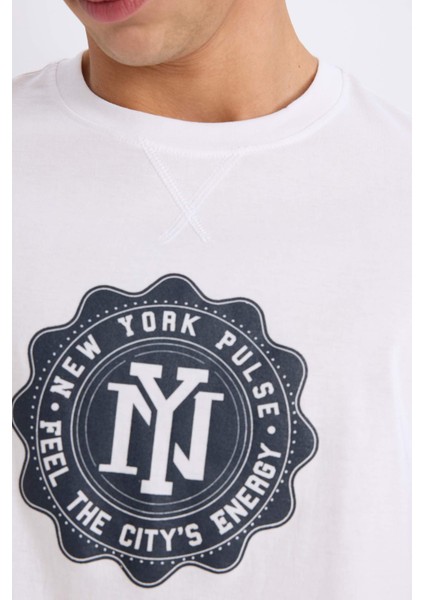 %100 Pamuk Regular Fit Bisiklet Yaka Pamuklu Baskılı Kısa Kollu Tişört D7935AX25SP