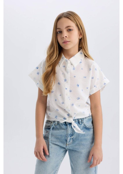 Kız Çocuk Crop Desenli Bağlama Detaylı Kısa Kollu Gömlek D7643A825SM