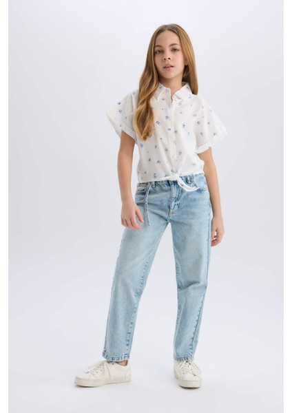 Kız Çocuk Crop Desenli Bağlama Detaylı Kısa Kollu Gömlek D7643A825SM