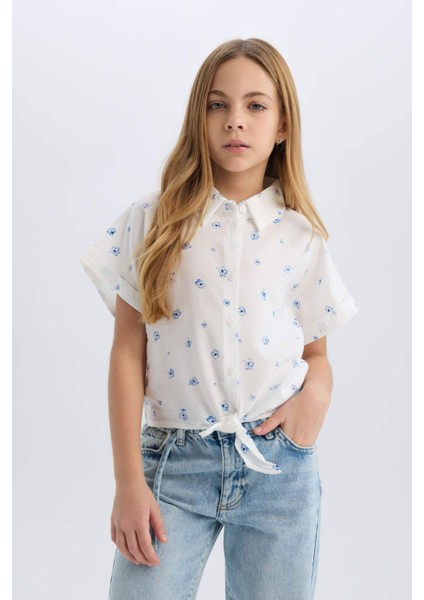 Kız Çocuk Crop Desenli Bağlama Detaylı Kısa Kollu Gömlek D7643A825SM