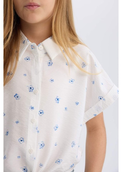 Kız Çocuk Crop Desenli Bağlama Detaylı Kısa Kollu Gömlek D7643A825SM