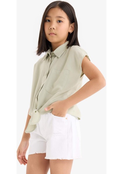 Kız Çocuk Crop Önden Bağlamalı Pamuklu Kısa Kollu Gömlek D7646A825SM
