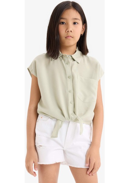 Kız Çocuk Crop Önden Bağlamalı Pamuklu Kısa Kollu Gömlek D7646A825SM