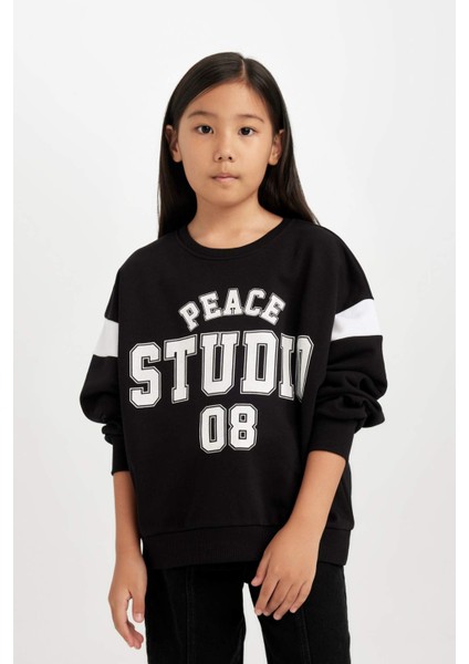 Kız Çocuk Siyah Relax Fit Bisiklet Yaka Baskılı Sweatshirt D6641A824AU