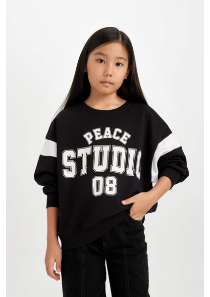 Kız Çocuk Siyah Relax Fit Bisiklet Yaka Baskılı Sweatshirt D6641A824AU