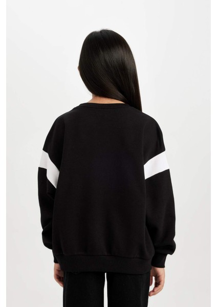 Kız Çocuk Siyah Relax Fit Bisiklet Yaka Baskılı Sweatshirt D6641A824AU
