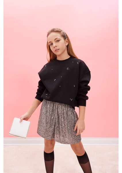 Kız Çocuk Yılbaşı Temalı Oversize Geniş Kalıp Bisiklet Yaka Taşlı İçi Yumuşak Tüylü Sweatshirt D5420A824WN