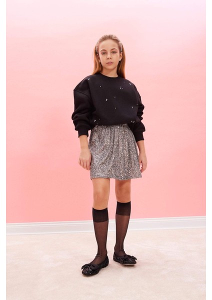 Kız Çocuk Yılbaşı Temalı Oversize Geniş Kalıp Bisiklet Yaka Taşlı İçi Yumuşak Tüylü Sweatshirt D5420A824WN