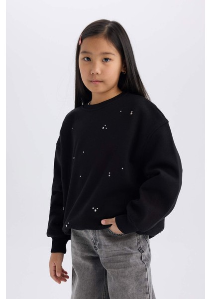 Kız Çocuk Yılbaşı Temalı Oversize Geniş Kalıp Bisiklet Yaka Taşlı İçi Yumuşak Tüylü Sweatshirt D5420A824WN