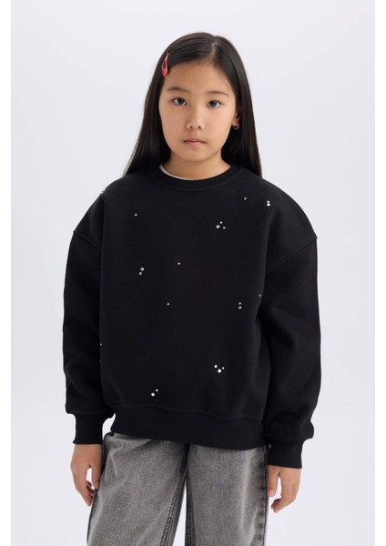 Kız Çocuk Yılbaşı Temalı Oversize Geniş Kalıp Bisiklet Yaka Taşlı İçi Yumuşak Tüylü Sweatshirt D5420A824WN