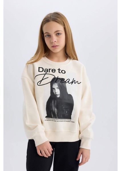 Kız Çocuk Oversize Geniş Kalıp Bisiklet Yaka Baskılı Sweatshirt D5452A824WN