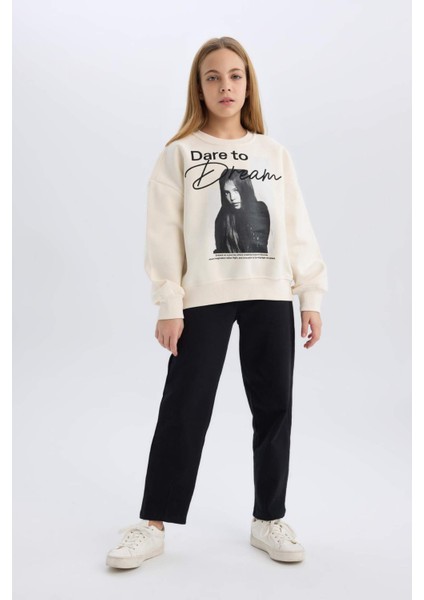 Kız Çocuk Oversize Geniş Kalıp Bisiklet Yaka Baskılı Sweatshirt D5452A824WN