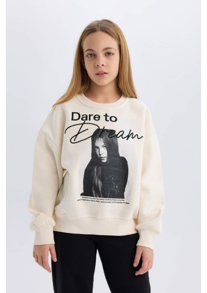 Kız Çocuk Oversize Geniş Kalıp Bisiklet Yaka Baskılı Sweatshirt D5452A824WN