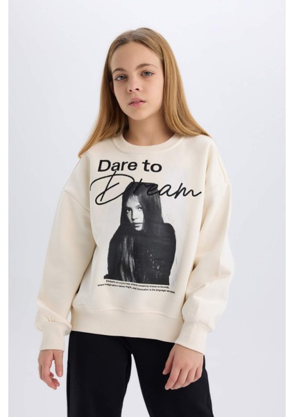 Kız Çocuk Oversize Geniş Kalıp Bisiklet Yaka Baskılı Sweatshirt D5452A824WN