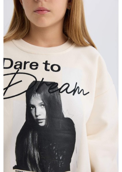 Kız Çocuk Oversize Geniş Kalıp Bisiklet Yaka Baskılı Sweatshirt D5452A824WN