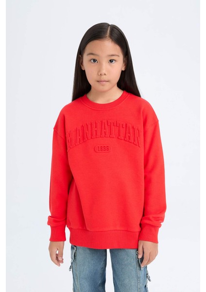 Kız Çocuk Kırmızı Bisiklet Yaka Baskılı Sweatshirt D6627A824AU