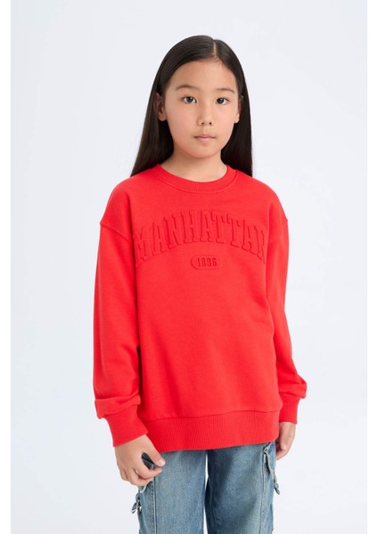 Kız Çocuk Kırmızı Bisiklet Yaka Baskılı Sweatshirt D6627A824AU