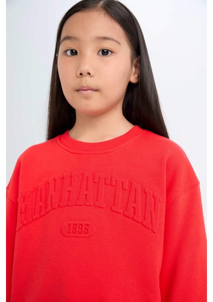Kız Çocuk Kırmızı Bisiklet Yaka Baskılı Sweatshirt D6627A824AU