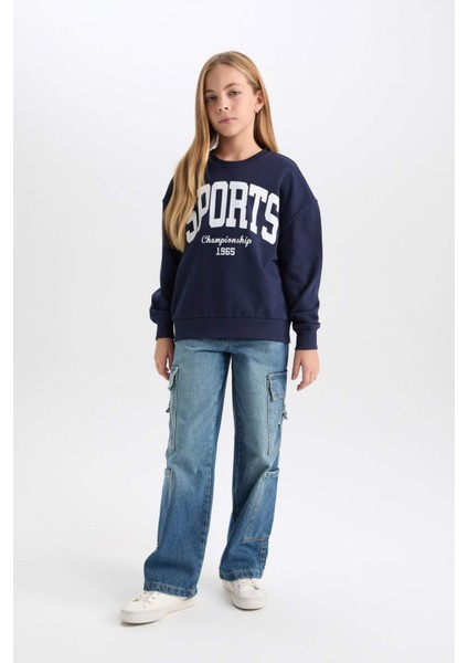 Kız Çocuk Relax Fit Bisiklet Yaka Baskılı Sweatshirt D6626A824AU