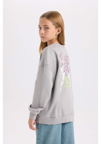 Kız Çocuk Gri Oversize Geniş Kalıp Bisiklet Yaka Sırt Baskılı Sweatshirt D6630A824AU