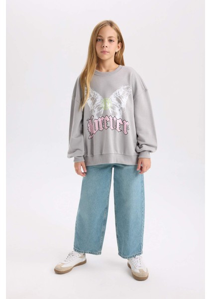 Kız Çocuk Gri Oversize Geniş Kalıp Bisiklet Yaka Sırt Baskılı Sweatshirt D6630A824AU
