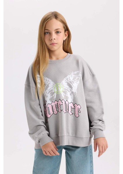 Kız Çocuk Gri Oversize Geniş Kalıp Bisiklet Yaka Sırt Baskılı Sweatshirt D6630A824AU