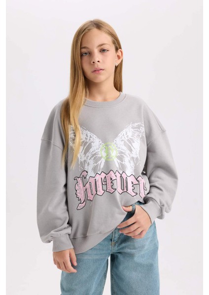 Kız Çocuk Gri Oversize Geniş Kalıp Bisiklet Yaka Sırt Baskılı Sweatshirt D6630A824AU
