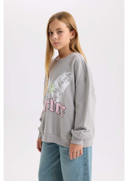 Kız Çocuk Gri Oversize Geniş Kalıp Bisiklet Yaka Sırt Baskılı Sweatshirt D6630A824AU