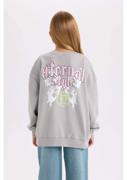 Kız Çocuk Gri Oversize Geniş Kalıp Bisiklet Yaka Sırt Baskılı Sweatshirt D6630A824AU