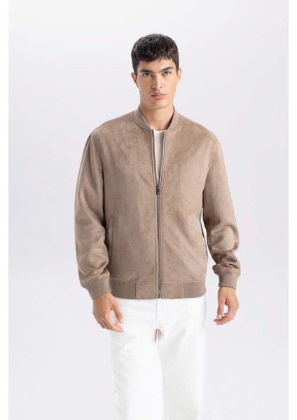 Slim Fit Dar Kesim Süet Kolej Yaka Fermuarlı Çift Cepli Mevsimlik Baharlık Bomber Mont Ceket A3866AX25SP