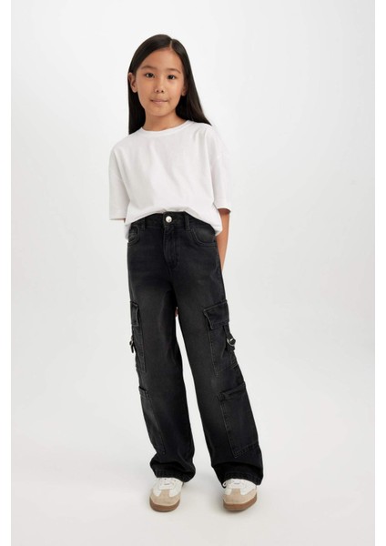 Kız Çocuk Wide Leg Kargo Cepli Geniş Bol Paça Antrasit Jean Pantolon D7177A824WN