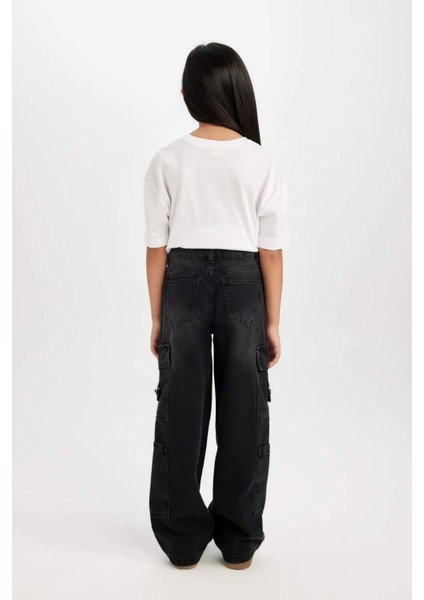 Kız Çocuk Wide Leg Kargo Cepli Geniş Bol Paça Antrasit Jean Pantolon D7177A824WN