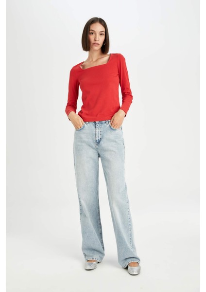 Regular Fit Kare Yaka Basic Düz Fitilli Kaşkorse Uzun Kollu Kırmızı Tişört D7506AX24AU