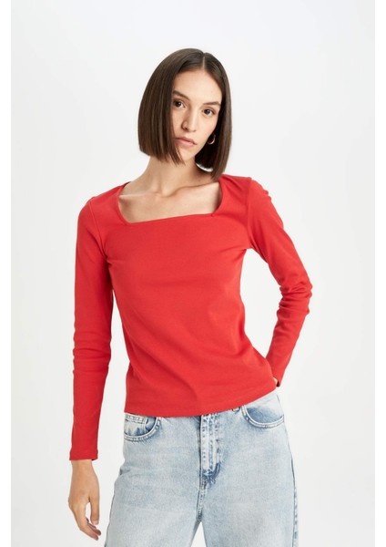 Regular Fit Kare Yaka Basic Düz Fitilli Kaşkorse Uzun Kollu Kırmızı Tişört D7506AX24AU