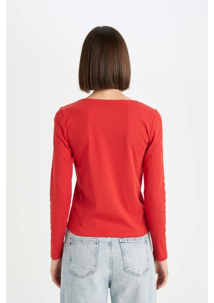 Regular Fit Kare Yaka Basic Düz Fitilli Kaşkorse Uzun Kollu Kırmızı Tişört D7506AX24AU
