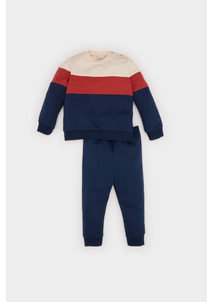 Erkek Bebek 2'li Takım Renk Bloklu İçi Yumuşak Tüylü Sweatshirt Beli Lastikli Eşofman Altı