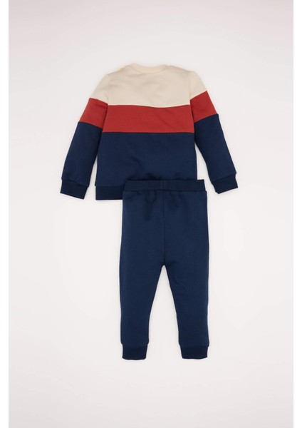 Erkek Bebek 2'li Takım Renk Bloklu İçi Yumuşak Tüylü Sweatshirt Beli Lastikli Eşofman Altı