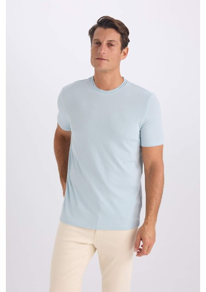 Slim Fit Dar Kesim Bisiklet Yaka Krinkıl Kısa Kollu Tişört D7225AX25SP