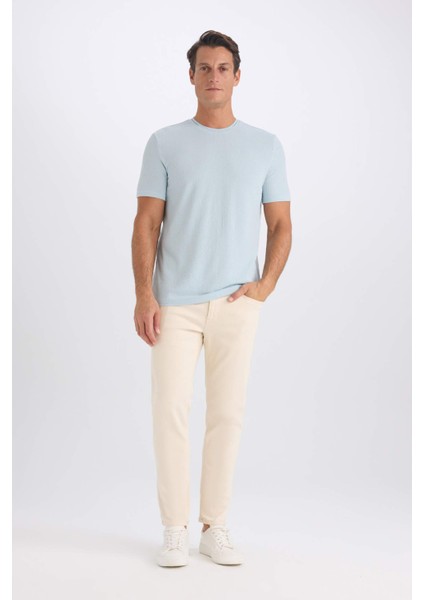 Slim Fit Dar Kesim Bisiklet Yaka Krinkıl Kısa Kollu Tişört D7225AX25SP