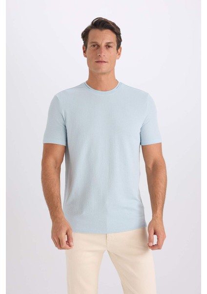 Slim Fit Dar Kesim Bisiklet Yaka Krinkıl Kısa Kollu Tişört D7225AX25SP