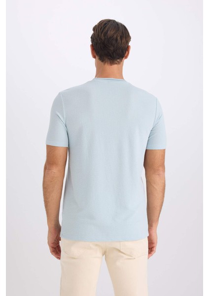 Slim Fit Dar Kesim Bisiklet Yaka Krinkıl Kısa Kollu Tişört D7225AX25SP