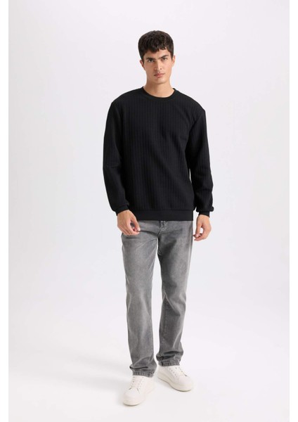 Regular Fit Bisiklet Yaka Jakarlı Basic Düz Sweatshirt D5391AX24AU