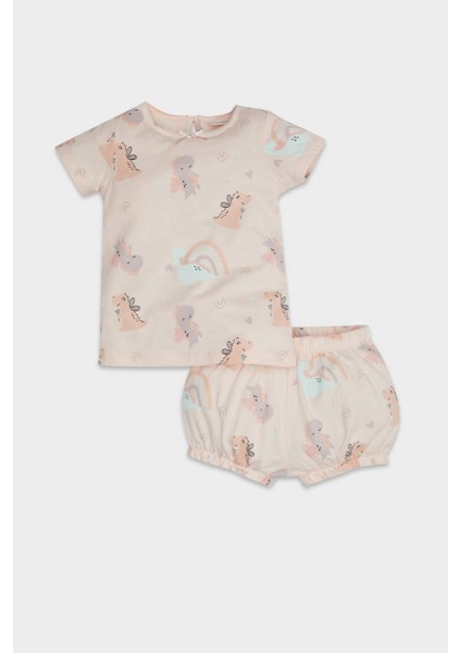 Kız Bebek Pijama Takımı Dinozor Baskılı Kısa Kollu Penye Üst Beli Lastikli Şort D8295A5NS